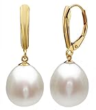 14k Yellow Gold Drop Pearl Earrings with Freshwater Cultured Pearls (Leverback Pearl Earrings, Pearls Available in 8-8.5 mm and 10-10.5 mm Sizes, Gift Box Included with Earrings)