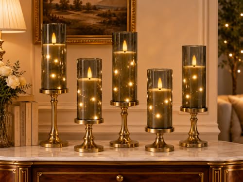 Image of Da by 5 Pack Gray Transparent Acrylic Flameless Taper Candles, Flickering Black Wick LED Candles with Fairy String Lights, Heat Resistant Reusable ABS Candles with Remote for Home Patio Decor