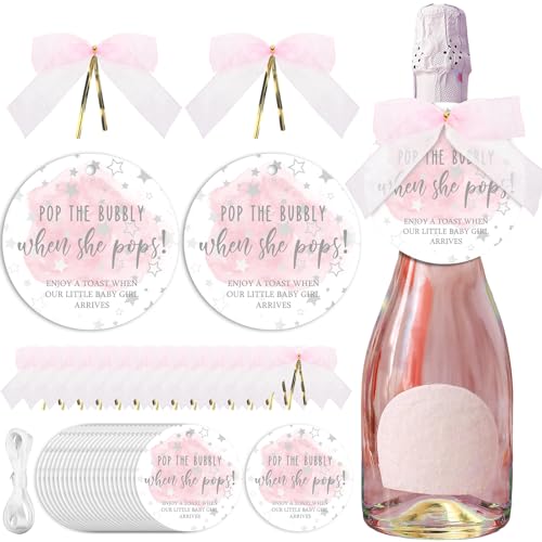 MotiMind 50 Set Pop Bottle Tags, Champagne Baby Shower Favor Labels When Pops Tags with Bows and Ribbon for Party Guest Gifts(Pink)