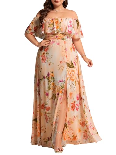 Ever-Pretty Women's Off Shoulder Short Sleeves Empire Waist Side Split Chiffon Flowy Plus Size Summer Bridesmaid Dresses