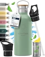 Trinkflasche Edelstahl mit Strohhalm, Infuser + 3 Deckel: BPA-frei, Auslaufsicher, Kohlensäure geeignet - Wasserflasche Fahrrad Thermosflasche Isoliert Isolierflasche Sport Wasser Flasche Kinder Tee