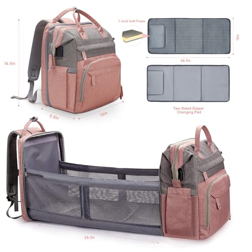 Image of DERJUNSTAR Diaper Bag Backpack - Large Capacity Baby Diaper Bag with Changing Pad for Dad and Mom, Waterproof Travel Backpack, Multi-Function Bag with USB Charging Port, Rose Pink