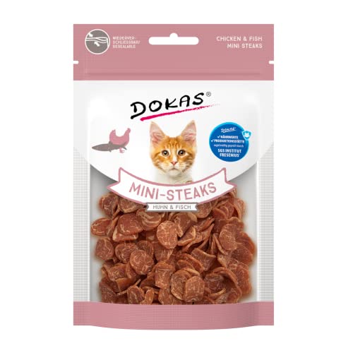 Dokas Mini-Steaks Huhn & Fisch | 10er Pack | 10 x 25g | Katzensnack für Katzen jeden Alters | Hochwertige Zutaten können diesen Snack zu einem besonderen Genuss Machen | Als Belohnung