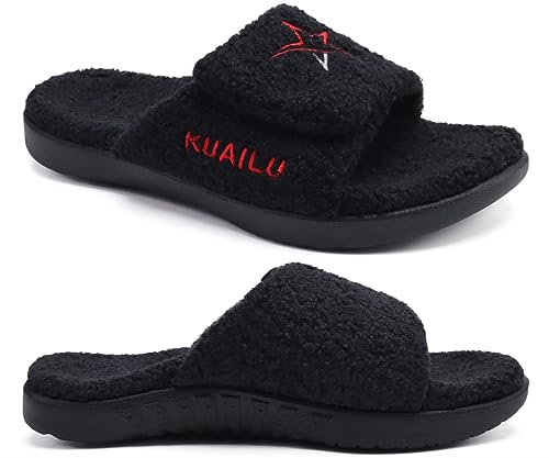 KuaiLu Mens House Slippers Adjustable Soft Cushion Fur Sandals with Arch Support Comfort Open Toe Slides Slipper Slip-on Indoor Outdoor
