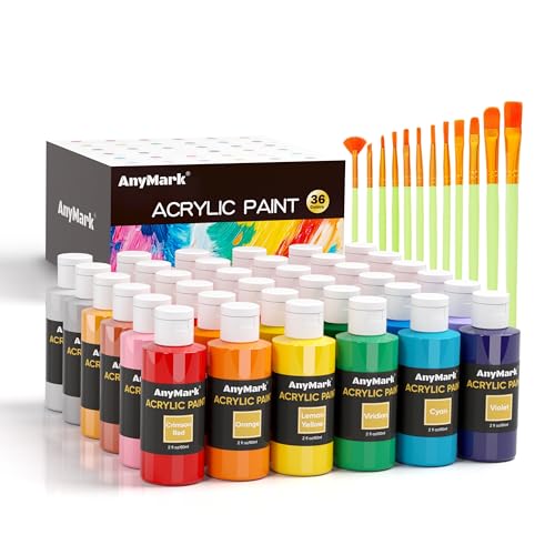 AnyMark Set de Pintura Acrílica, 36 Colores Clásicos con 12 Pinceles, Botellas de 60 ml, Kit de Arte para Lienzo, Piedra y Madera