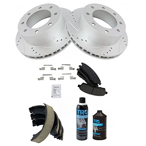 Image of TRQ Performance Rear Brake Pad & Rotor Kit Premium G-Coated Slotted X Drilled Ceramic Compatible with 2000-2005 Ford Excursion 1999-2004 F-250 Super Duty F-350 Super Duty