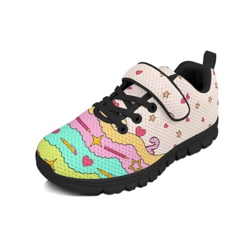 Boys Girls Sneakers Kids Lightweight Breathable Strap Athletic Running Shoes for Little Kid/Big Kid Pencil Star Love Pattern