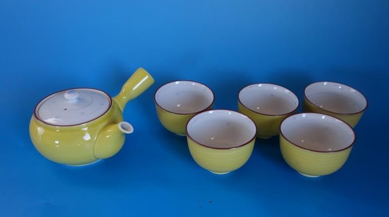 清焼 黄交趾 🏇 茶器揃 【フラワー】 急須 湯呑5客 急須 容量280ml2258