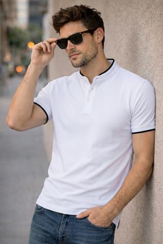 Image of Dagcros Men Polo T-Shirt, with White Trim, Short Sleeve, Button Collar Tshirt for Mens