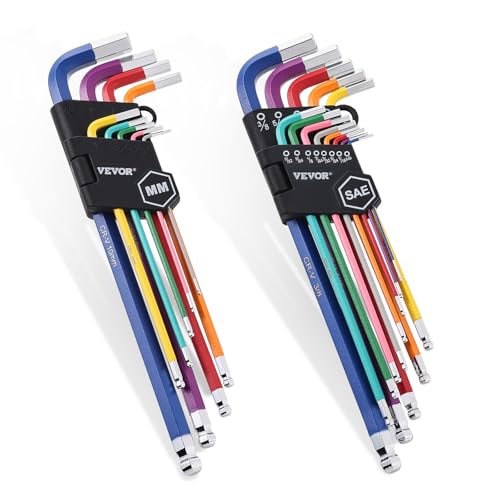 VEVOR Hex Key Allen Wrench Set, 22 pcs SAE (0.050-3/8 in) and Metric (1.5-10 mm), Color Coding Allen Wrenches Sets with Ball End, Long Arm L-Shaped Hex Key for Bicycle, Household, Automobile Repair