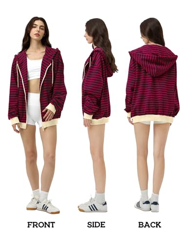 FAIABLE Striped Zip Up Hoodie Women Oversized Sweatshirt Hoodies Zipper Sweaters Pullover Cotton Vintage Preppy Shirt Outfits