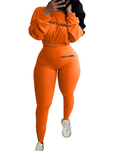 Bornpom Womens Two Piece Outfits Letter Print Sweatsuits Tracksuit Long Sleeve Sweatshirt and Sweatpants Set Orange XL