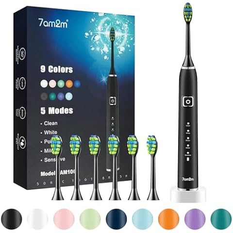 7AM2M Ultrasonic Electric Toothbrush with 6 Brush Heads for Adults&Kids, One Charge for 90 Days, Wireless Fast Charge, 5 Modes 40000VPM Powered Toothbrush, 2 Minutes Built in Smart Timer-MidnightBlack Cover