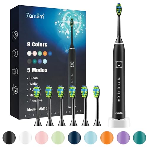 7Am2M US-AM100-NEW-MIDNIGHT BLACK Ultrasonic Electric Toothbrush With 6 Brush Heads For Adults&Kids, One Charge For 90 Days, Wireless Fast Charge cover