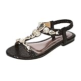  Damen-Sandalen Zehentrenner Sommer Riemchensandalen Flip-Flops Flach mit Strass Schwarz 43 EU