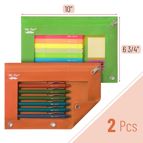 Image of Mr. Pen- Pencil Pouch for 3 Ring Binder, 2 Pack, 10 inchx6.75 inch, Smooth Zipper | Clear Window, Large Capacity Pencil Case with 3 Reinforced Grommets for School, Office, Supplies Storage | Clear Window, Large Capacity Pencil Case with 3 Reinforced Grommets for School, Office, Supplies Storage