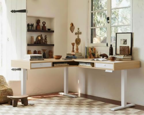 Image of HUANUO 63 inch X 55 inch Electric L Shaped Standing Desk, 2 Drawers, Light Walnut | L-Shaped Corner Desk,2 Fabric Storage Drawers,4 Quiet Memory Presets,220lbs Carbon Steel, 27.6 inch-46.5 inch Adjustable Height