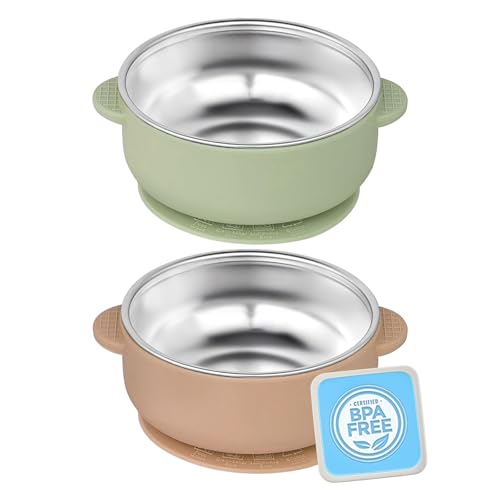 Image of OKAY ORANGE 2 Pack Stainless Steel Toddler Suction Bowls for Baby Plates, 2-in-1 SUS304 Toddlers Bowl & Removable Silicone Suction Kids Bowl for Cereal | Snack | Anti-Scald Non-Toxic Suction Bowls