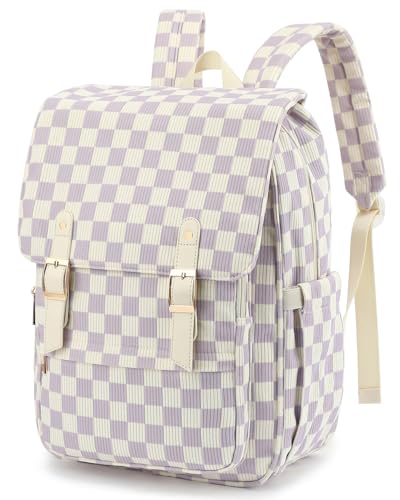 Image of Corduroy Laptop Backpack for Women, Fits 15.6 Inch Computer Bag, College High School Bookbag Travel Daypack Purse, Work Business Bags - Corduroy Checkered Purple