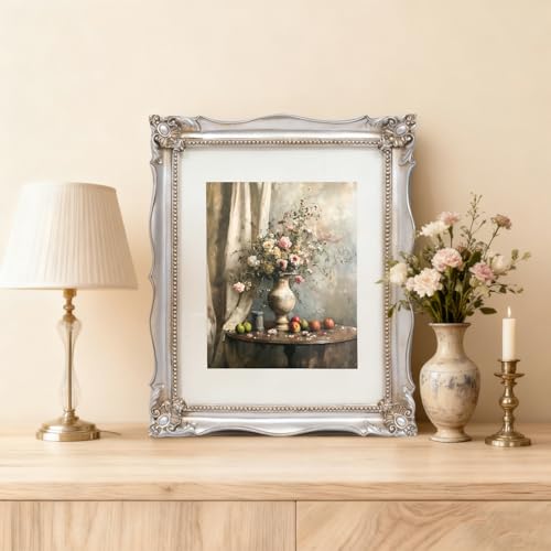 Image of Saysmile 11x14 Vintage Picture Frame with Embossed Flower Design, Silver Ornate Frame for 11x14 or 8x10 Pictures with White Mat, Hand-Crafted Resin Antique Baroque Frames with Hook for Wall Mounting Display(Silver)