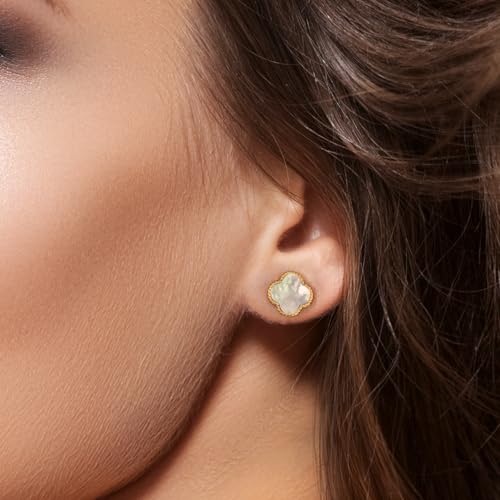 925 Sterling Silver 18K Gold Plated Clover Stud Earrings for Women with Mother of Pearl, Hypoallergenic 925 Sterling Silver Dainty Lucky Clover Jewelry Gift4