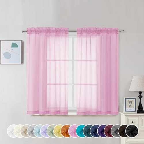 Image of Chyhomenyc Pink Sheer Curtains 45 Inch Long 2 Panels, Light Filtering Rod Pocket Voile Short Curtains Drapes for Bedroom Small Windows, 42Wx45L Inches