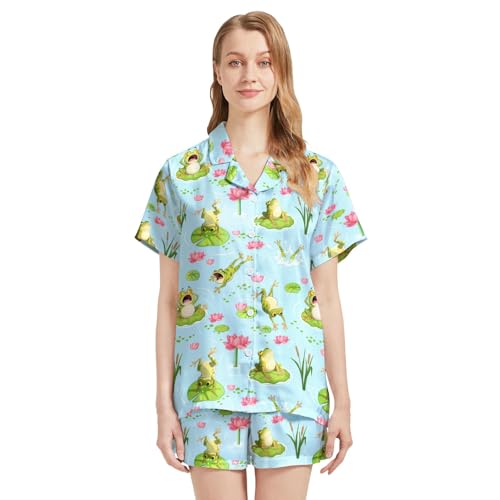Image of Funny Pajamas for Women Set Print Satin Loungewear Pjs Short Sleeve Button Down Top and Shorts Sets Sleepwear XS-3XL