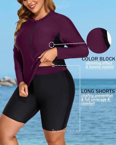 Image of Daci Women 2 Piece Plus Size Long Sleeve Rash Guard Zip Front Athletic Bottom Tankini Swimsuits UPF 50 | Two piece,Tummy Control,High Waist,UPF 50+,Half Zipper Swim Shirt,Athletic,Sporty,Built-in Bra,Built-in Briefs