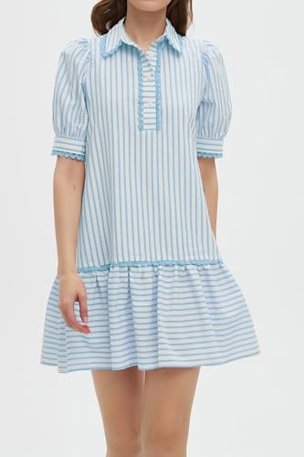 Striped Dress for Women Collared Short Puff Sleeve Ruffle Hem Summer Tunic Flowy Shirt Mini Dress2