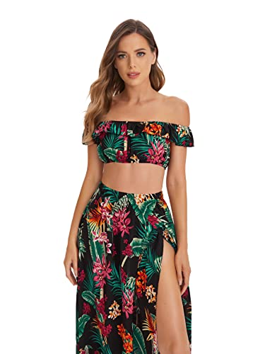 Floerns Women's Two Piece Outfit Floral Crop Top and Split Long Skirt Set3