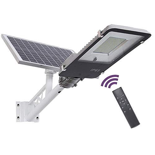 SUPERU Farola Solar LED para Exteriores, Atardecer hasta el Amanecer IP65 Impermeable Temporización Farola Solar Atenuación de 5 Niveles con Poste, Control Remoto (100Watt)