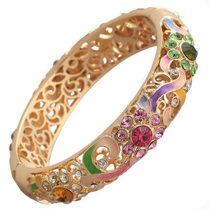 Cloisonné bracelet, New Vintage Cloisonne Rhinestone Bangles for Women Enamel Bracelets Gold-Plated Accessories Color Openwork Fashion Jewelry