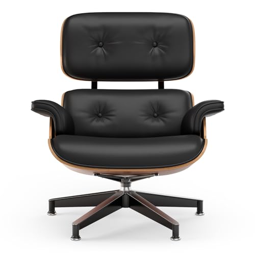 Image of Top Black PU Leather, Mid Century Chaise Lounge Chair and Ottoman, Modern Chair Classic Design, Palisander Wood, Heavy Duty Base Support for Living Room Office
