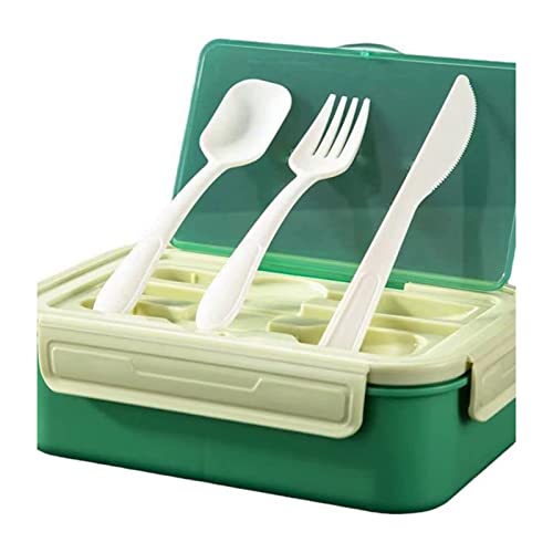 CHAMEEN Fiambrera para adultos y niños con compartimentos, 1400 ml, con 3 compartimentos, caja de almuerzo, para jardín de infantes, con cubiertos, color verde