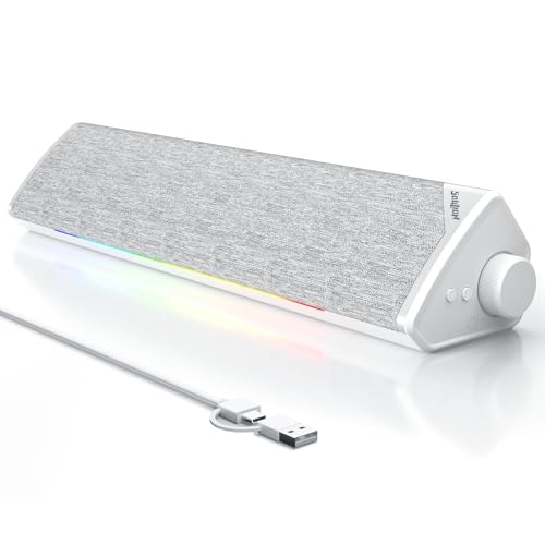 SOULION R60 RGB PC Soundbar White USB Bluetooth Speakers for Desktop, Computer, Laptop, Gaming, Monitor, with 5 LED Lighting Effects, USB Powered with 3.5mm Aux Jack(Type-C Adapter included)
