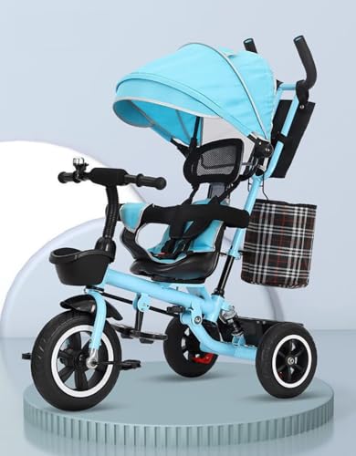 4 in 1 Toddlers Strollers pram for Age 18 Months to 5 Years Old,Folding Kids trikes with Canopy and Parent Handle,Stable 3-Wheels Ride-on tricycles,Titanium Wheel,Extra Storage Bag (blue with canopy)