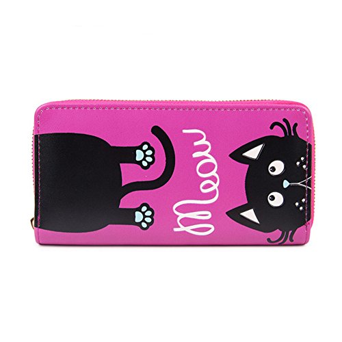 Preisvergleich Produktbild YOUTHUNION Damen PU Geldbörse Portemonnaie Geldbedeutel Lang Brieftasche mit Reißverschluss (Rosa und Schwarz / Katze Pattern)