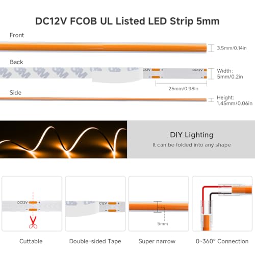 Image of BTF-LIGHTING FCOB COB LED Strip Orange Color 5mm Width UL Listed Super Narrow Flexible Uniform Light DC12V 16.4FT CRI 90+ Dimmable LED Ribbon for Bedroom Home Indoor Decor(No Adapter or Controller)
