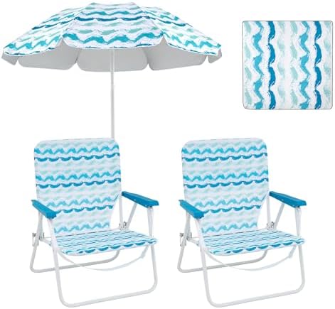 GYMAX Beach Chair with Umbrella, 2 Folding Chairs, Parasol, Blank...