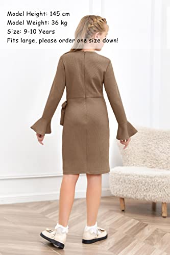 Girl's Midi Dresses Solid Waffle Knit Dress Flared Long Sleeve Belted Dress for Kids2