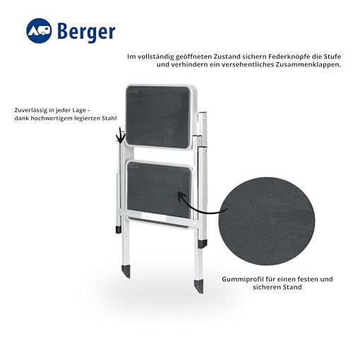 BERGER Trittleiter 2 Stufen klappbar | zusammenklappbar mit Rutschfester Gummimatte | Trittstufe Wohnwagen Tritt 2 Stufen | klappbarer Tritthocker - bis 150 kg belastbar (Legierter Stahl)