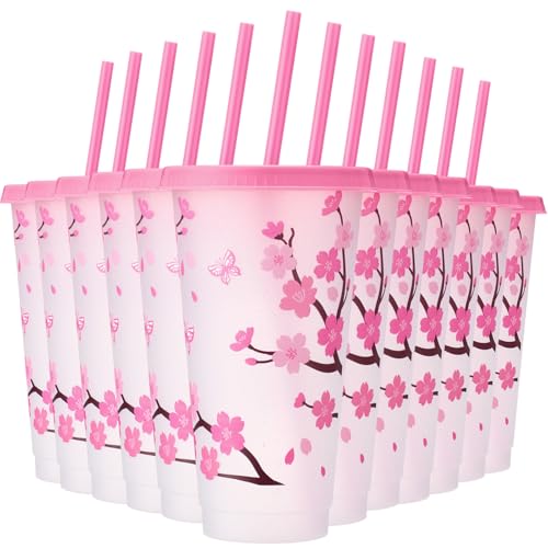 Potchen 12 Pcs Cherry Blossom Cups 24 oz Reusable Plastic Spring Florals Tumblers with Lid and Straw for Baby Bridal Shower Birthday Party Wedding Anniversary Supplies for Adults