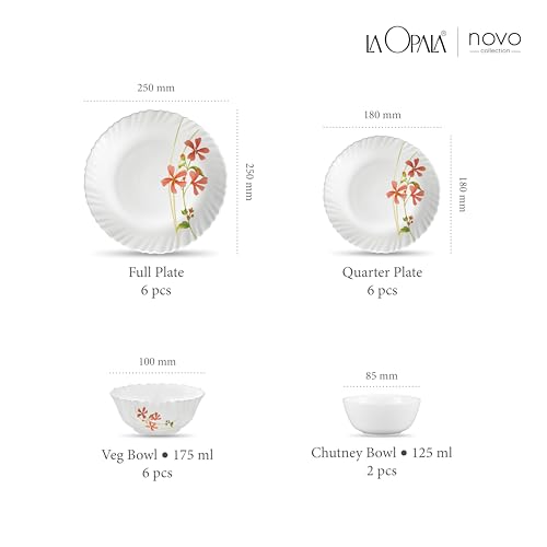 Image of La Opala Novo Collection Opal Glass Crockery | for Family of 6 | Dinner Set 20 pcs Coral Charm | Plates & Bowls for Dining | Microwave Safe | 100% Vegetarian | Extra Strong | Light & White