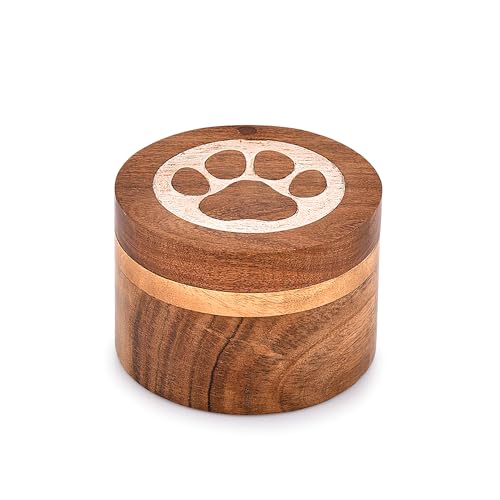 Samhita Dekorative Urnen aus Akazienholz, runde Form, weiße Pfoten-Design, Urne für Asche für Hunde...