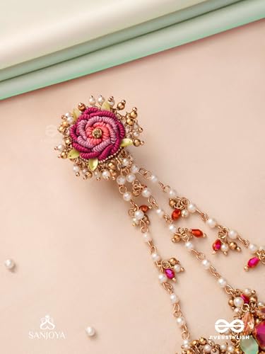 Image of SANJOYA BY EVERSTYLISH Gulratna Jewel Of Roses Handcrafted Rose Haathphool With Beaded Fringes, Pearls And Gem Details Lightweight Jewelry For Women | Party, Festive, Wedding & Gifting