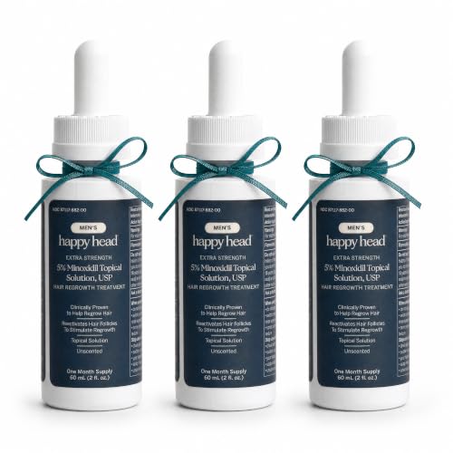 Happy Head Minoxidil Topical Hair Serum 5% Solution for Men Hair Growth Support Formula Unscented Scalp Application for Daily Use at Home 3 Month Supply with 3 Bottles 60 mL Each