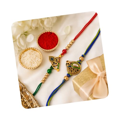 Image of eCraftIndia Multicolor Set of 2 Om Symbol and Peacock Designer Religious Rakhis with Roli Chawal Pack