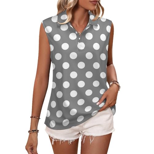 Sleeveless Tops for Womens Golf Shirt, Gray Polka Dot Print Ladies V Neck Polo Tank Tops Tennis Shirts