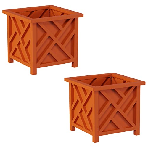 Pure Garden Lattice Design Planter Box 2-Pack – 14.75-Inch Decorative Outdoor Flower or Plant Pots – Front Porch or Patio Decor (Terracotta)