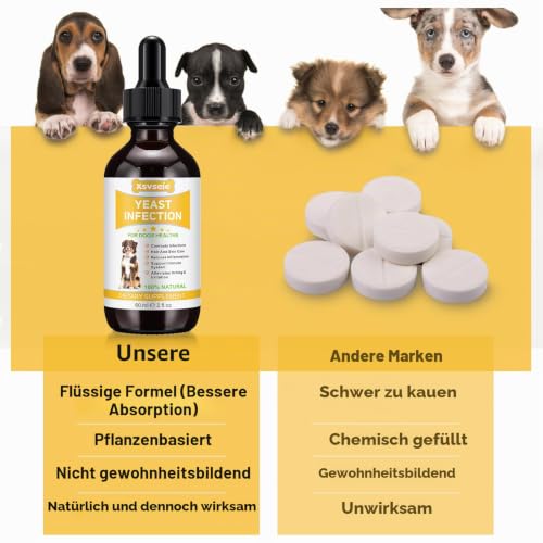 Natürliche Hefepilz-Behandlung für Hunde, Linderung Ohrenentzündungen & Juckender Haut - Stoppt Entzündungen,Hefepilzinfektion bei Hunden, Stärkt Immunsystem - 100% Pflanzlich mit Speckgeschmack 60mL